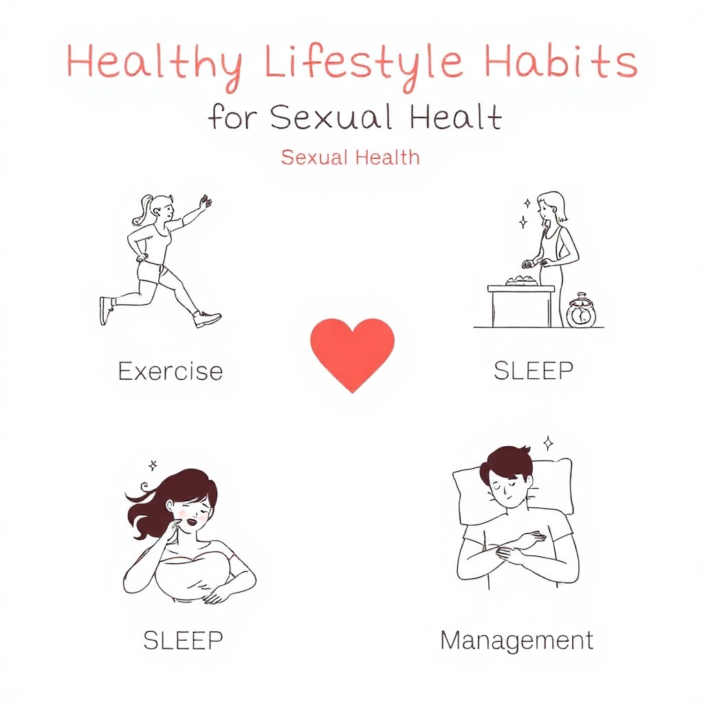 Healthy lifestyle icons representing exercise, diet, sleep, and stress management